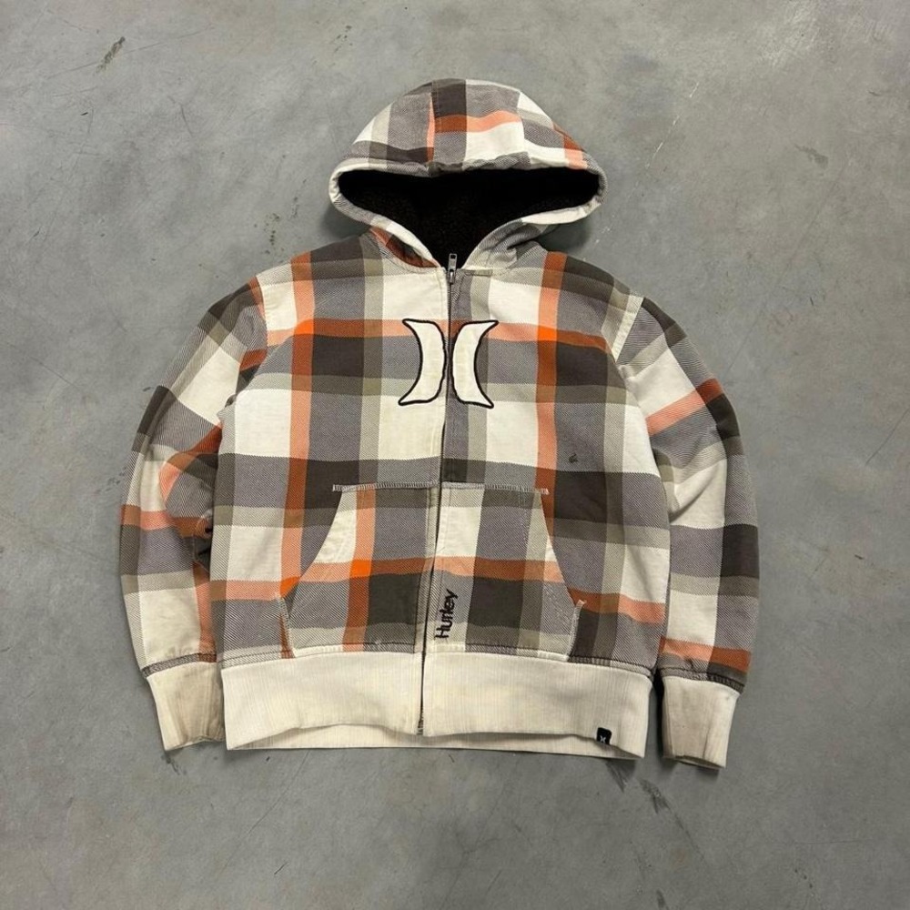Y2K Hurley Orange and White Plaid Zip Up Hoodie